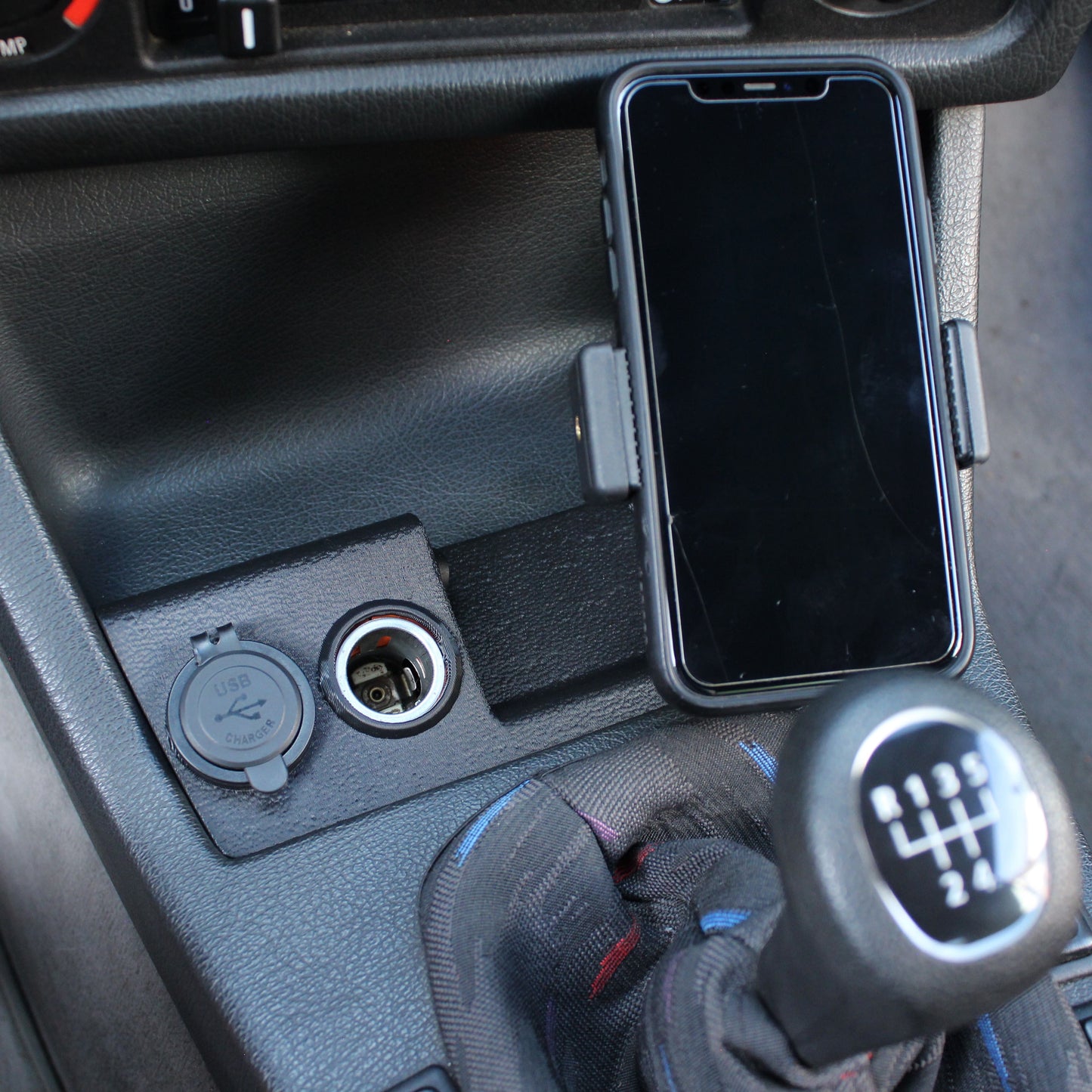 BMW E30 Utility Panel Ashtray Replacement & Phone Mount - Combination USB charge socket and stock 12V power outlet